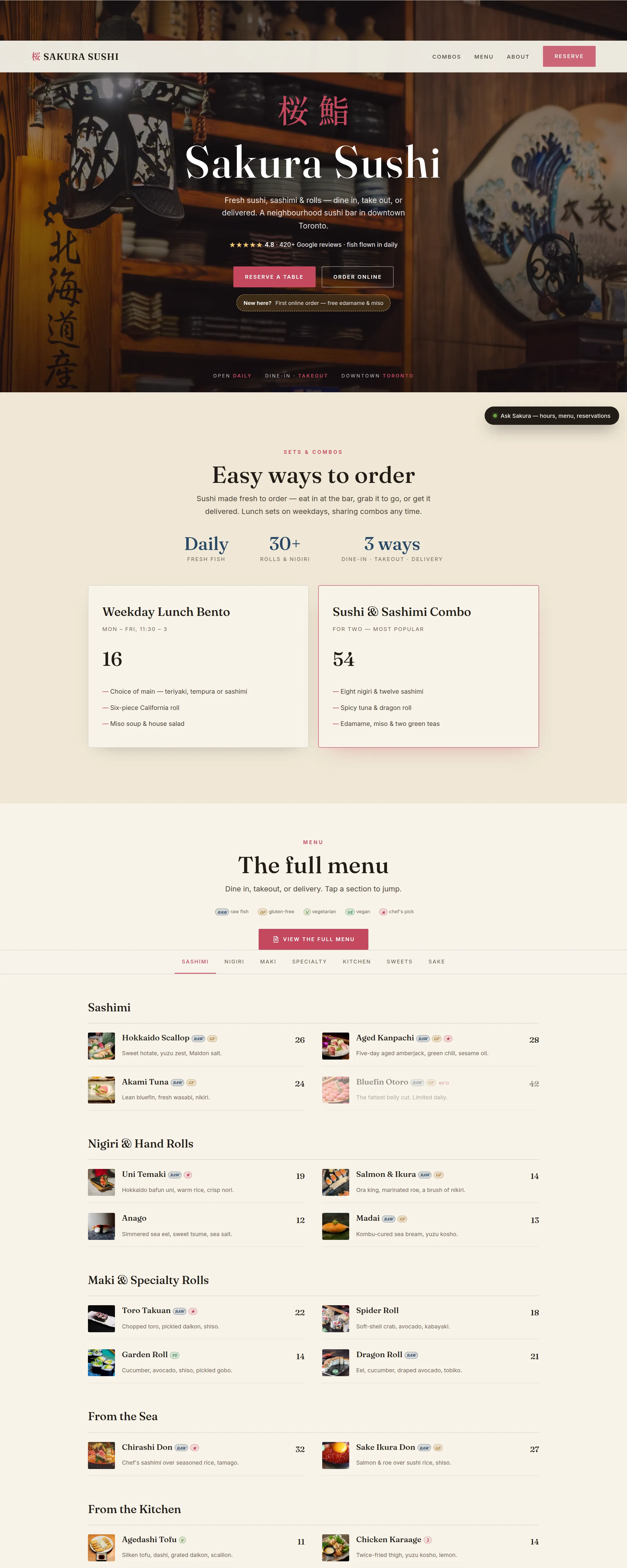 Sakura Sushi — Restaurant experience site concept demo